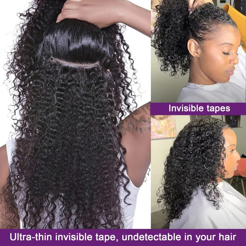 Curly Tape in Hair Extensions 100% Brazilian Human Hair Deep Wave Adhesive Tape in Extensions Human Hair Natural Black For Women
