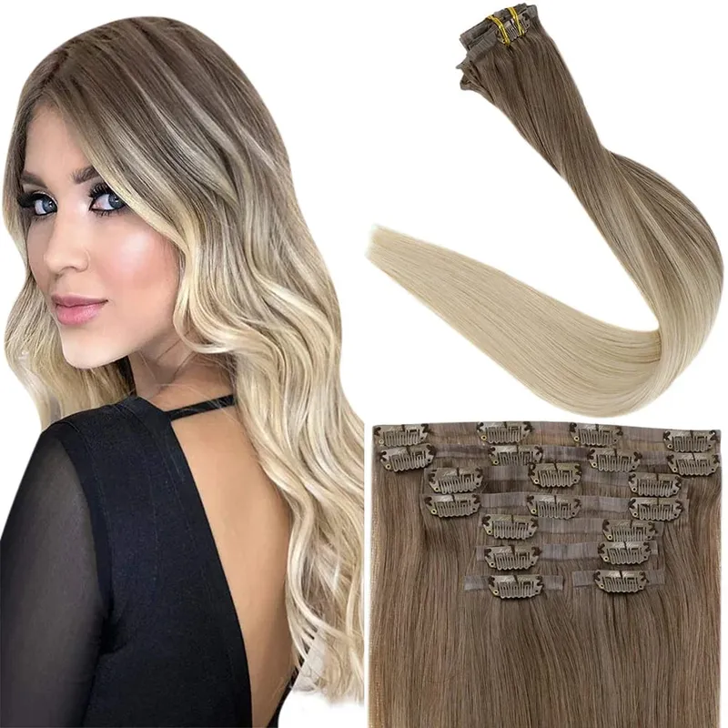 Clip invisible sin costuras Full Shine en extensiones de cabello humano 8 piezas 120 g Remy Balayage Color rubio — image 1