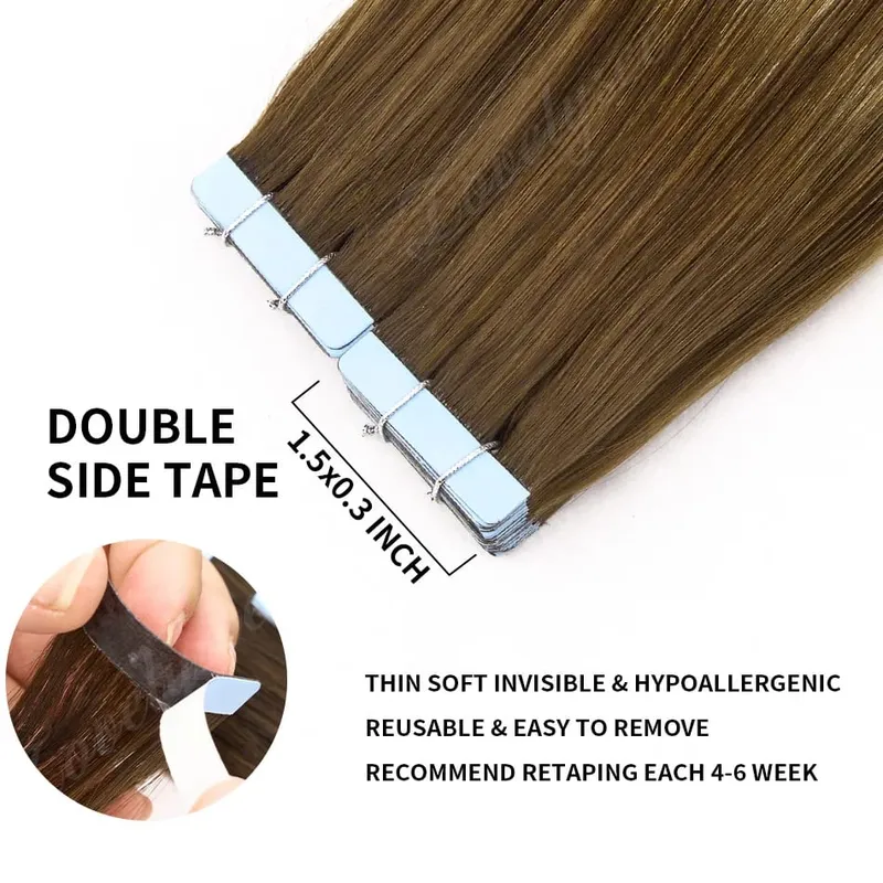 Balayage Tape In Hair Extensions Human Hair 100% Remy Hair Straight Seamless Invisible 20Pcs/40Pcs Tape Ins Human Hair Chick End — image 2