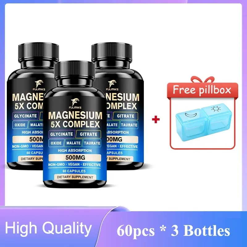 Magnesium Pills Supplement 5 in 1 Complex Glycinate Citrate Malate Taurate Oxide Support Stress Muscle Bone Heart Sleep