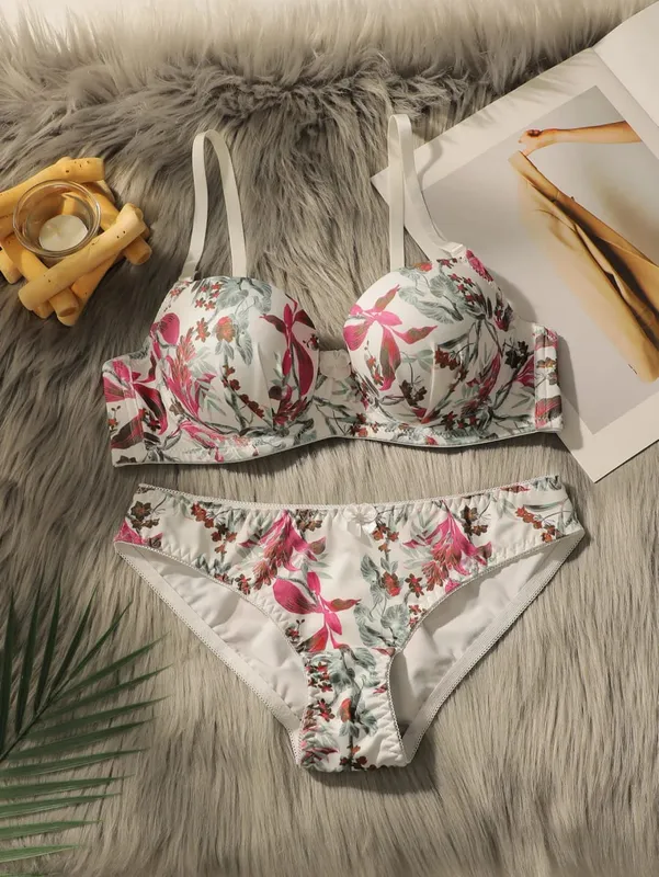 Women Pretty Printed Push Up Bra & Panty Set Lace Underwire Bras Sexy Lingerie Set for Women Comfortable Everyday Underwear