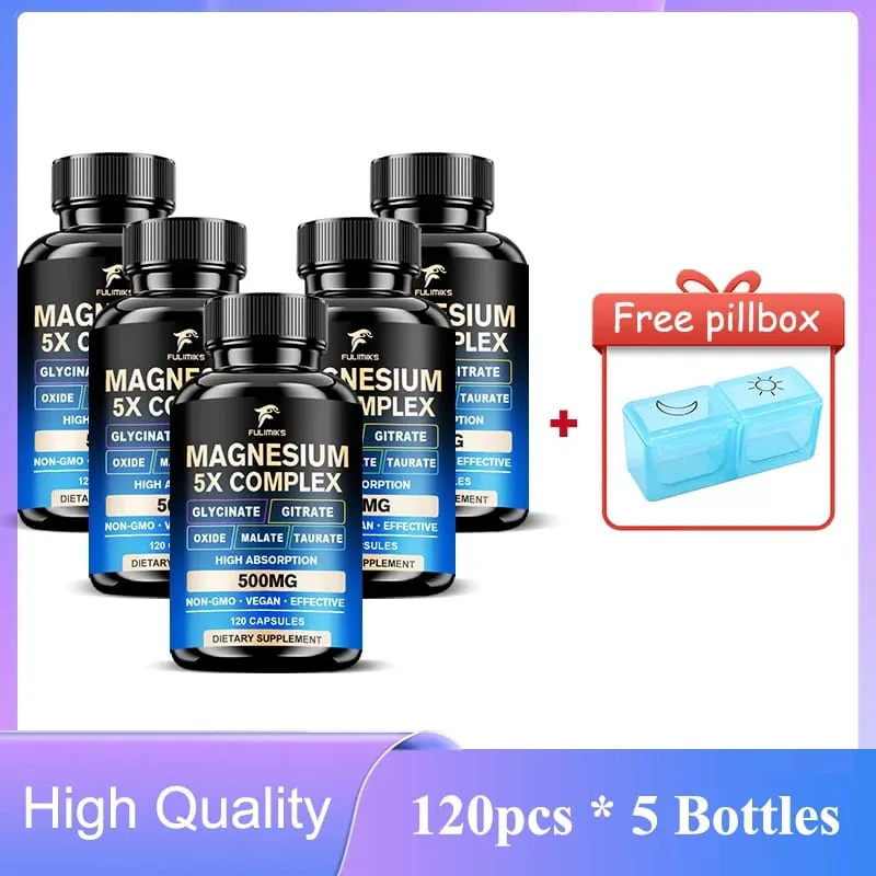 Magnesium Pills Supplement 5 in 1 Complex Glycinate Citrate Malate Taurate Oxide Support Stress Muscle Bone Heart Sleep