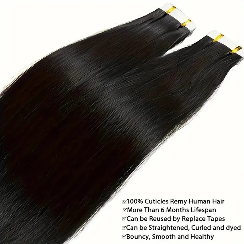 Tape In Hair Extensions Human Hair Straight Natural Black Seamless Weft Skin Extensions 20Pcs 50g/Pack Invisible Tape ins Hair — image 6