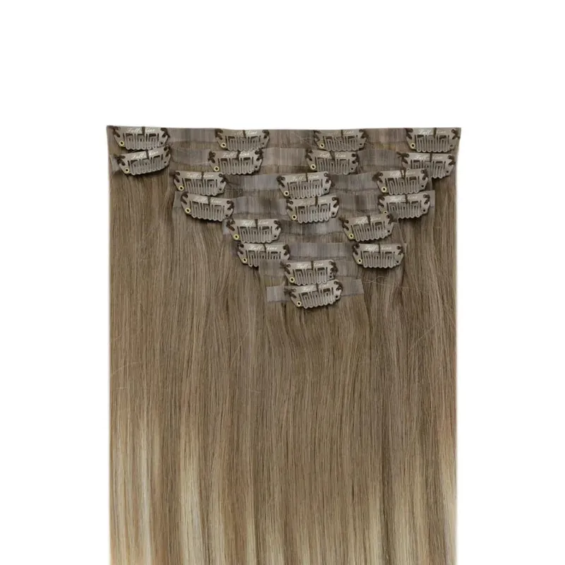 Clip invisible sin costuras Full Shine en extensiones de cabello humano 8 piezas 120 g Remy Balayage Color rubio — image 5