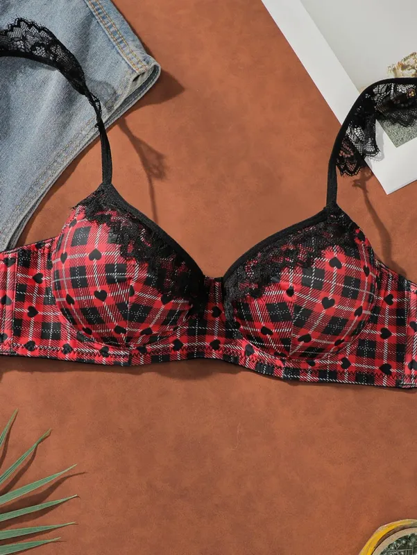 Christmas Red Plaid Lace Heart Push Up Bra Set Women Sexy Underwire No Padded Bralette & Panty Set — image 3