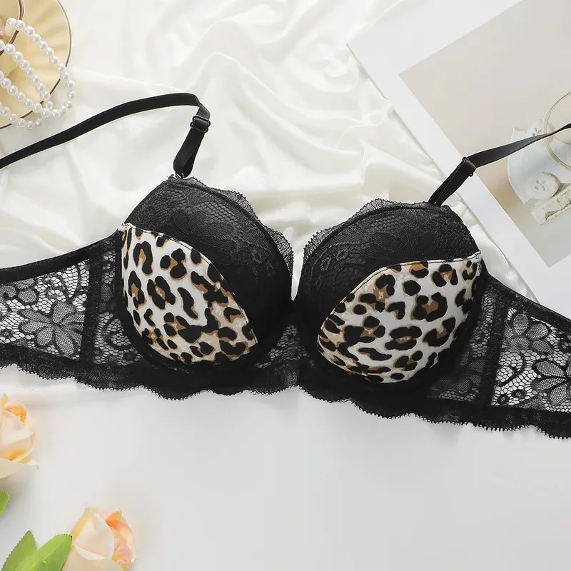 Sexy Lace Lingerie Set for Lady Push Up Bra with Steel Ring Leopard Printed Underwear Panty Fashion Brassiere
