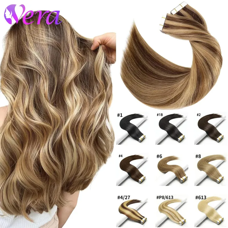 Tape In Hair Extensions Human Hair 50G 20Pcs #4/27 Highlight Color Tape Ins Straight Double Sided Skin Weft Remy Human Hair Tape — image 1