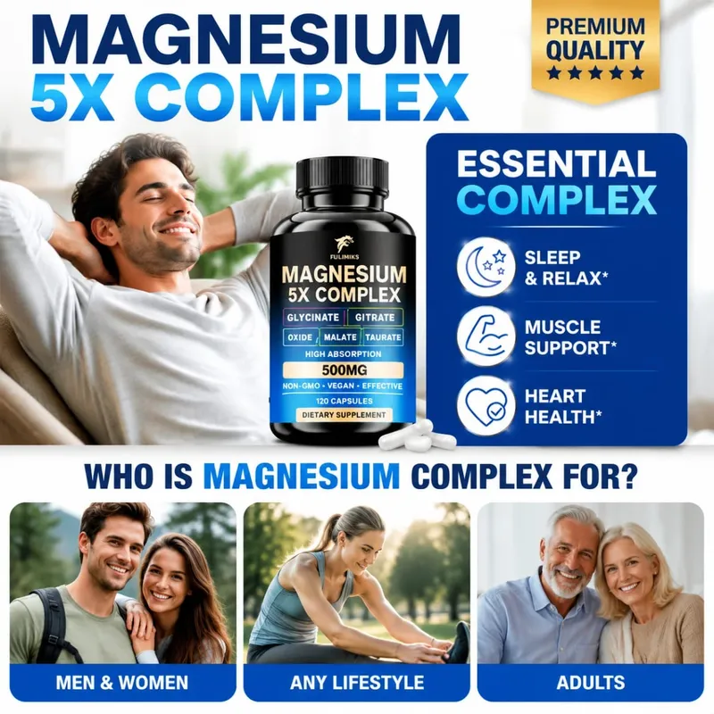 Magnesium Pills Supplement 5 in 1 Complex Glycinate Citrate Malate Taurate Oxide Support Stress Muscle Bone Heart Sleep