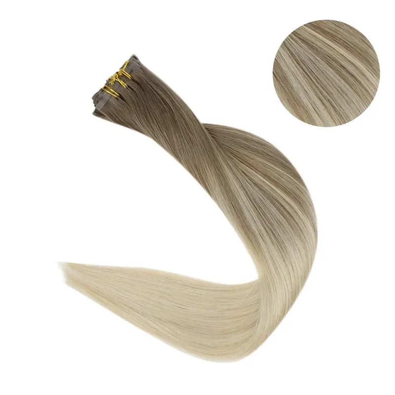 Clip invisible sin costuras Full Shine en extensiones de cabello humano 8 piezas 120 g Remy Balayage Color rubio — image 2
