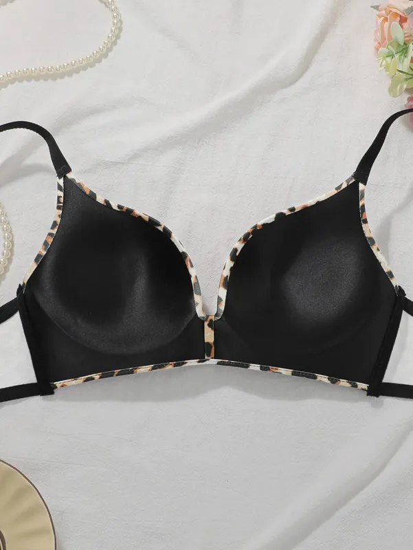Sexy Leopard Lace Bra Set No Underwire Bra and Panty Set Women's Lingerie Set Soft Comfort Wireless Push Up Daily Wear