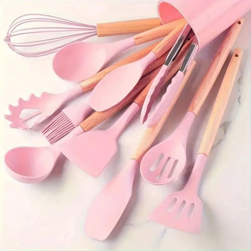 12PCS Silicone Kitchen Utensils Set with Holder - Nonstick Heat Resistant Wooden Handle Cooking Gadgets Set with Spatula Whisk Tongs & Spoon for Home Essentials