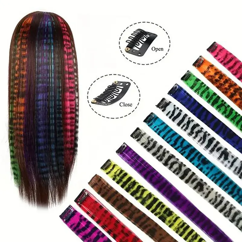 12pcs Makukulay na gawa ng tao na may guhit na naka-print na mahabang tuwid na clip sa mga extension ng buhok na angkop para sa pang-araw-araw na mga partido na isinusuot sa pista opisyal.