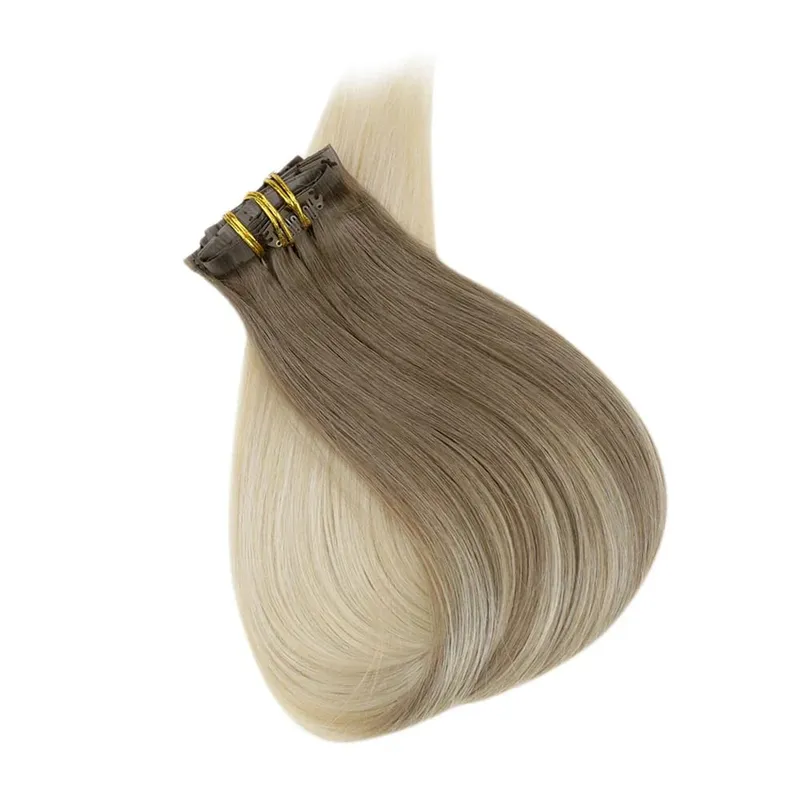 Clip invisible sin costuras Full Shine en extensiones de cabello humano 8 piezas 120 g Remy Balayage Color rubio — image 6