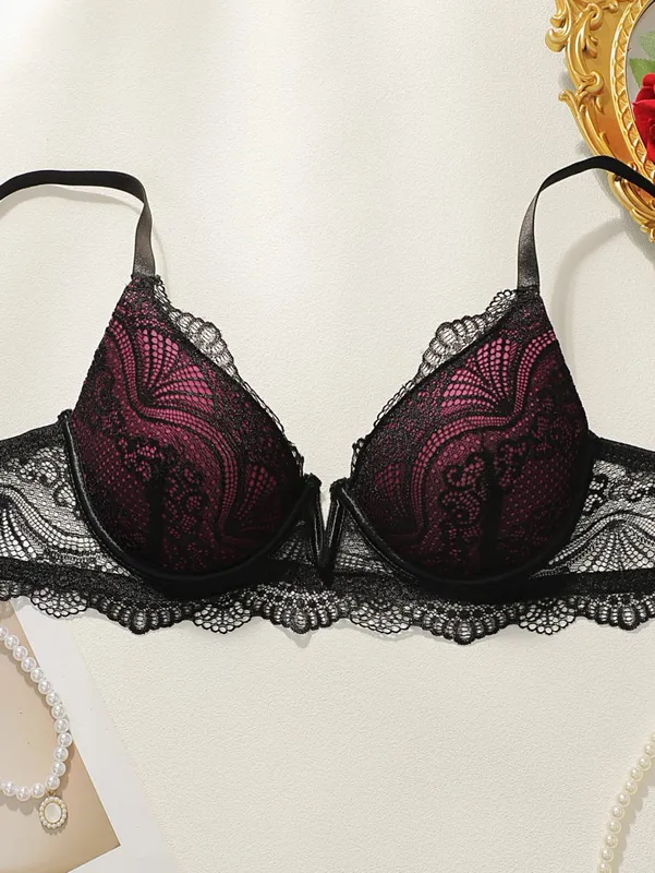 Sexy Lace Lingerie Set for Women Underwire Push Up Bra and Panty 2 Piece Sheer Lace Bralette with Criss Cross Back Thong — image 3