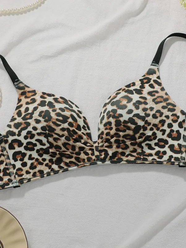 Sexy Leopard Lace Bra Set No Underwire Bra and Panty Set Women's Lingerie Set Soft Comfort Wireless Push Up Daily Wear