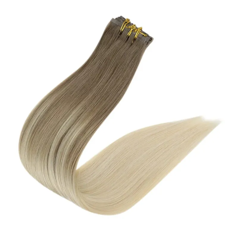 Clip invisible sin costuras Full Shine en extensiones de cabello humano 8 piezas 120 g Remy Balayage Color rubio — image 4