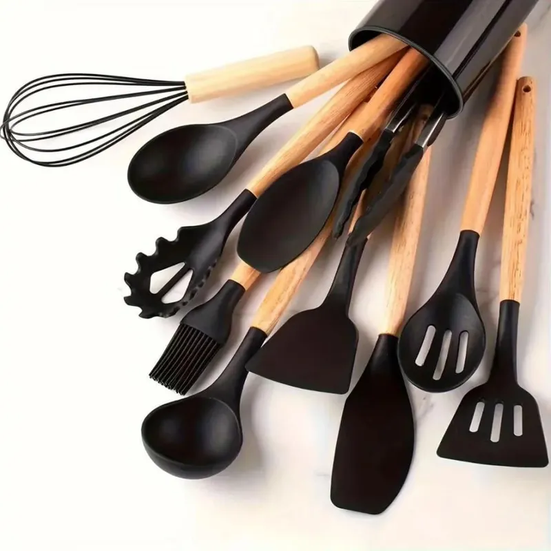 12PCS Silicone Kitchen Utensils Set with Holder - Nonstick Heat Resistant Wooden Handle Cooking Gadgets Set with Spatula Whisk Tongs & Spoon for Home Essentials