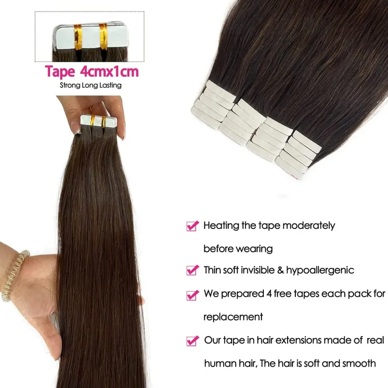 Tape In Hair Extensions Human Hair Dark Brown 50G 20Pcs Invisible Seamless Skin Weft Remy Human Hair Brown Tape Hair Extensions — image 4