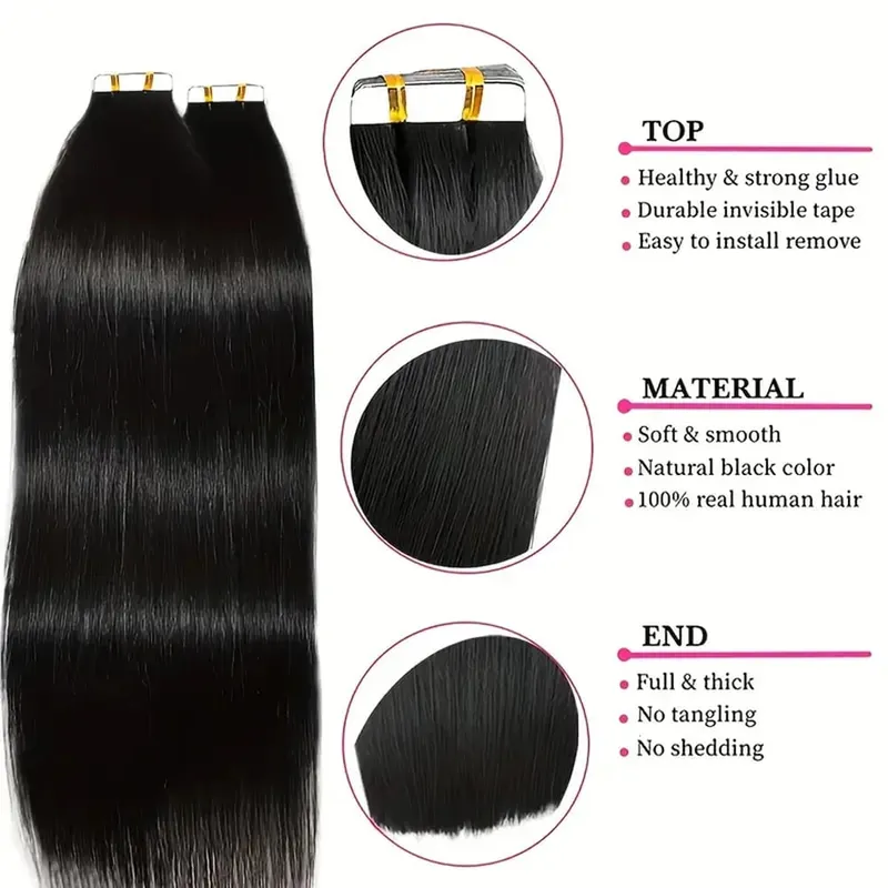 Straight Tape in Hair Extensions 100% Human Hair Seamless Invisible Straight Skin Weft 20pcs/50g Tape in Hair Extension For Wome