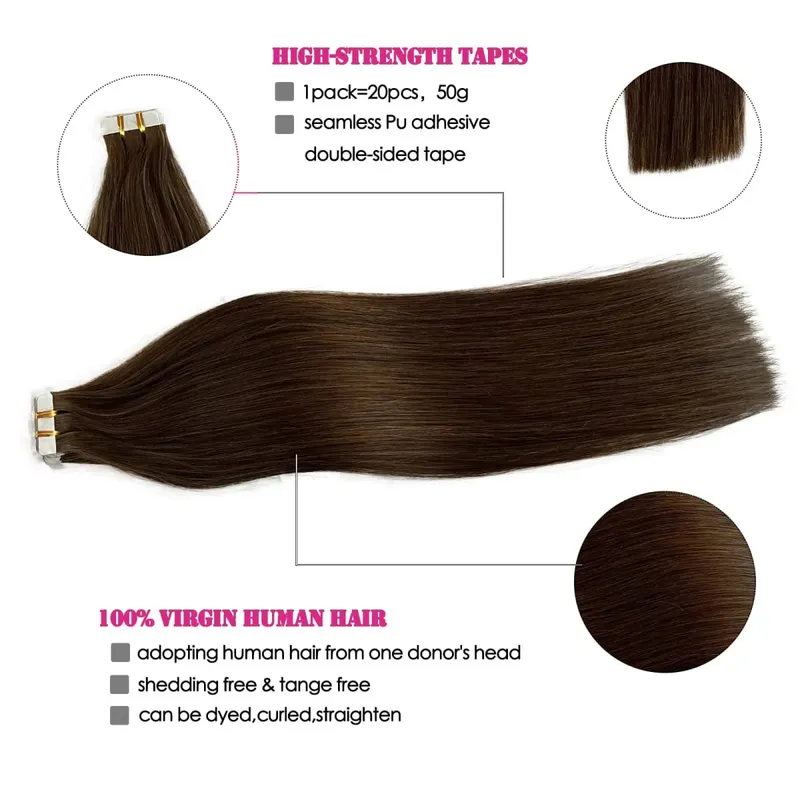 Tape In Hair Extensions Human Hair Dark Brown 50G 20Pcs Invisible Seamless Skin Weft Remy Human Hair Brown Tape Hair Extensions — image 2