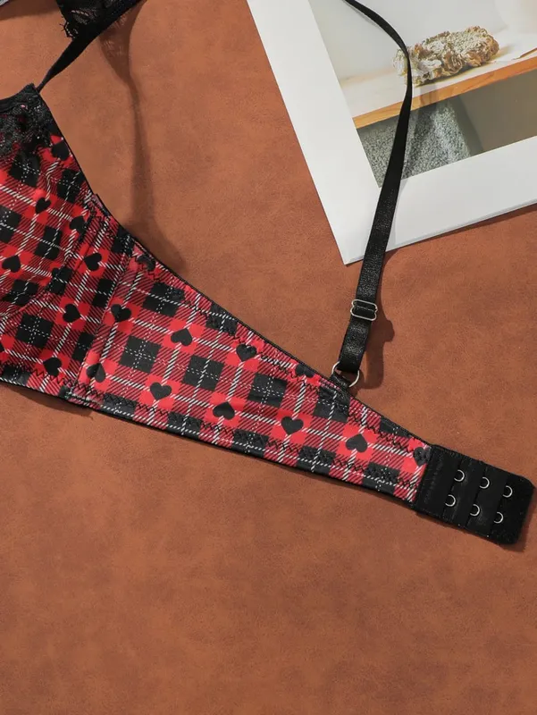 Christmas Red Plaid Lace Heart Push Up Bra Set Women Sexy Underwire No Padded Bralette & Panty Set — image 5