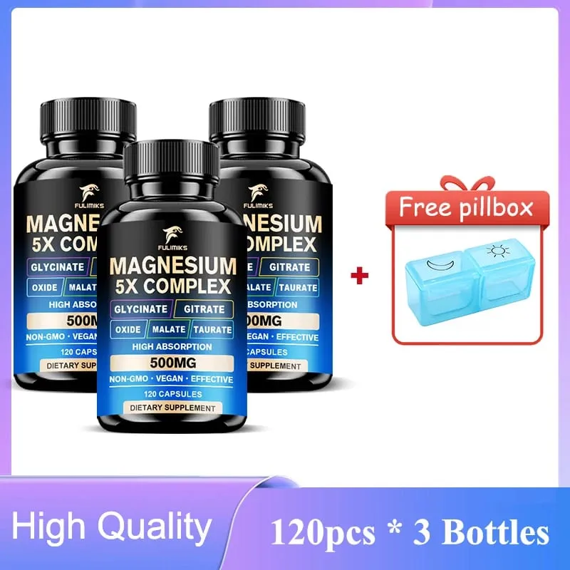 Magnesium Pills Supplement 5 in 1 Complex Glycinate Citrate Malate Taurate Oxide Support Stress Muscle Bone Heart Sleep