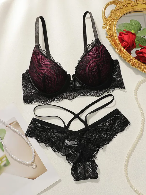 Sexy Lace Lingerie Set for Women Underwire Push Up Bra and Panty 2 Piece Sheer Lace Bralette with Criss Cross Back Thong