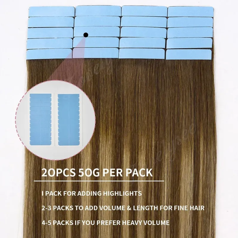 Balayage Tape In Hair Extensions Human Hair 100% Remy Hair Straight Seamless Invisible 20Pcs/40Pcs Tape Ins Human Hair Chick End — image 3