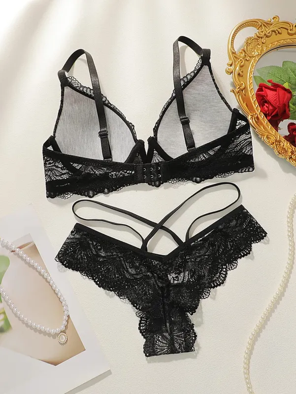 Sexy Lace Lingerie Set for Women Underwire Push Up Bra and Panty 2 Piece Sheer Lace Bralette with Criss Cross Back Thong — image 2