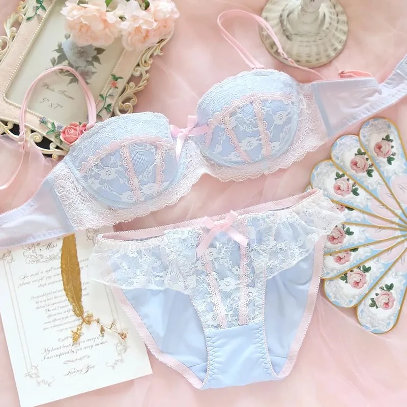 Underwear sweet and cute lace lingerie with briefs set girl heart fresh steel ring gathered thin bra set large size bralette