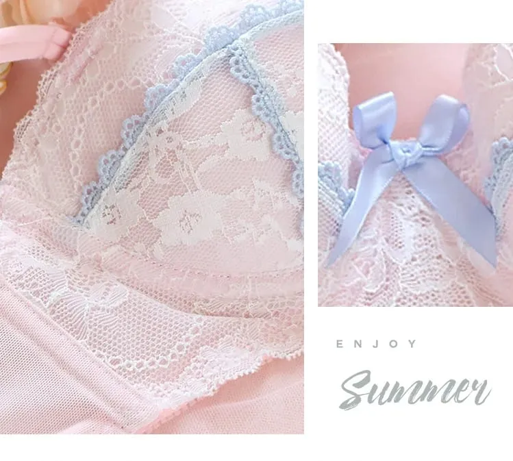 Underwear sweet and cute lace lingerie with briefs set girl heart fresh steel ring gathered thin bra set large size bralette — image 5