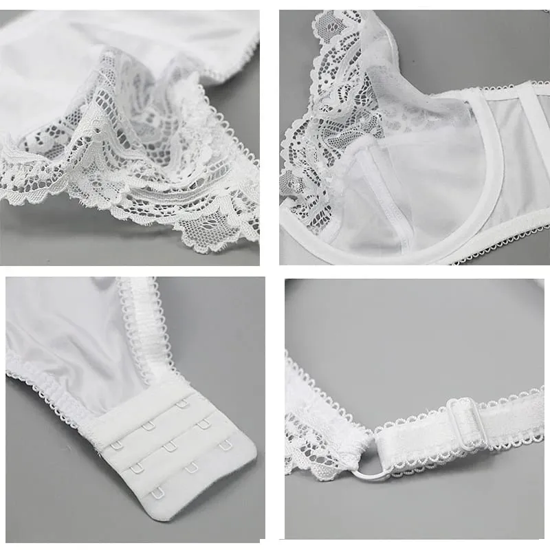 Sexy Lace Plus Size Female Lingerie Transparent Thin Thick BCDE Cup Bra Sets Breathable Women Underwear Panties Briefs — image 3