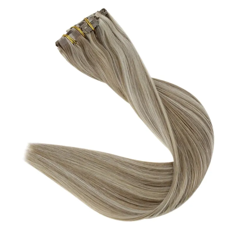 Clip invisible sin costuras Full Shine en extensiones de cabello humano 8 piezas 120 g Remy Balayage Color rubio — image 14