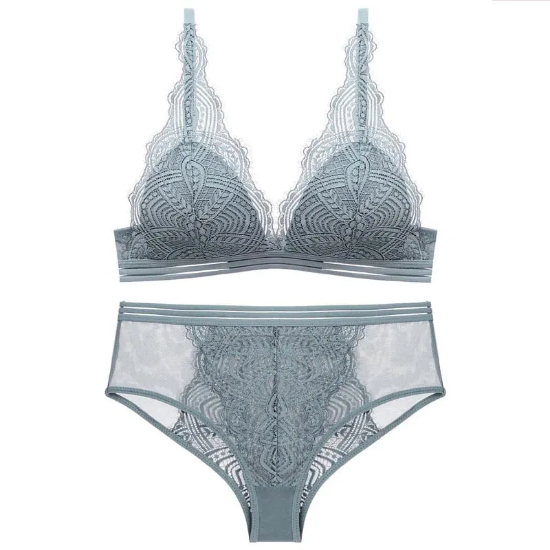 Thin Lined Wireless Lace Triangle Cup Bra and Panties Set Underwear Women Sexy French Lingerie Girls Bra Bralette — image 2