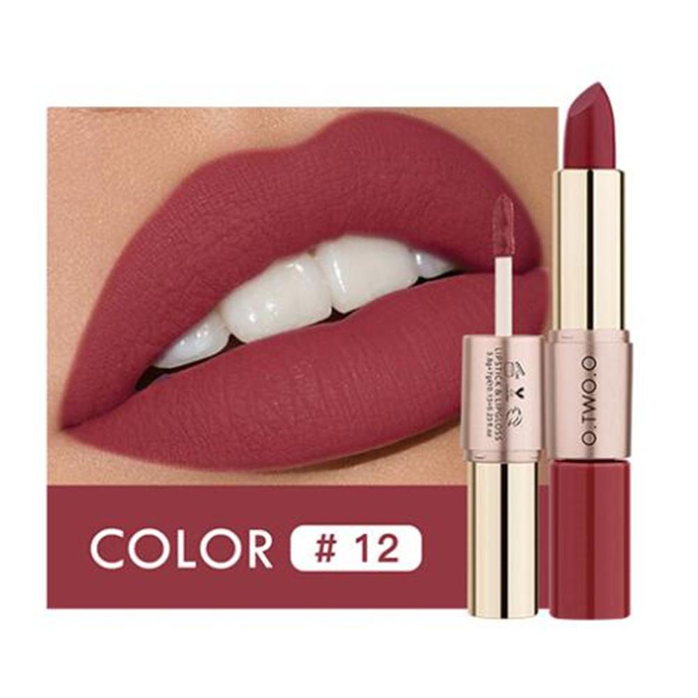 O.TWO.O 2 en 1 Lápiz labial Mate Brillo de labios Cosméticos Pintalabios impermeables Batom Mate Labios Maquillaje Colorete 12 colores Lápiz labial