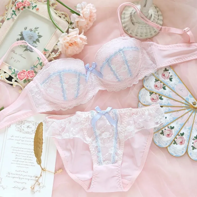 Underwear sweet and cute lace lingerie with briefs set girl heart fresh steel ring gathered thin bra set large size bralette — image 2
