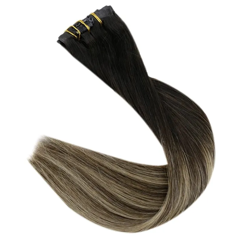 Clip invisible sin costuras Full Shine en extensiones de cabello humano 8 piezas 120 g Remy Balayage Color rubio — image 12