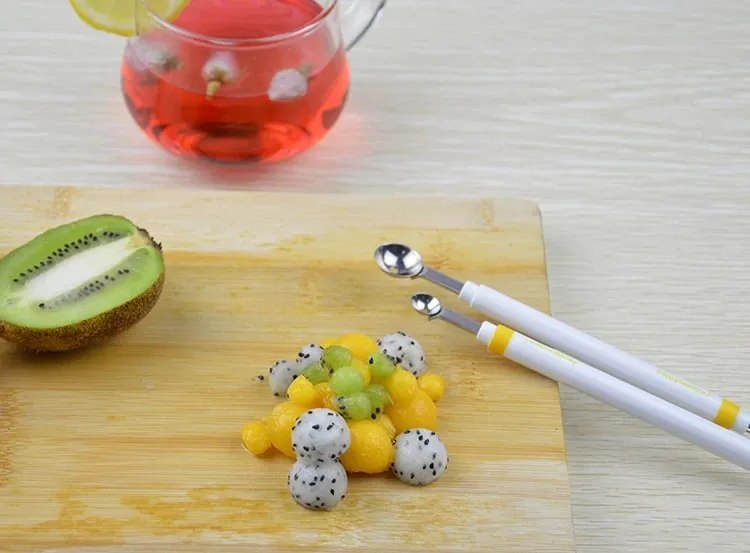 Mini vykopávač kuliček na jablka Meloun Lžíce Naběračka na zmrzlinu Nerezová ocel Oboustranný nástroj na vaření Kuchyňské doplňky pro kutily Gadgets — image 8