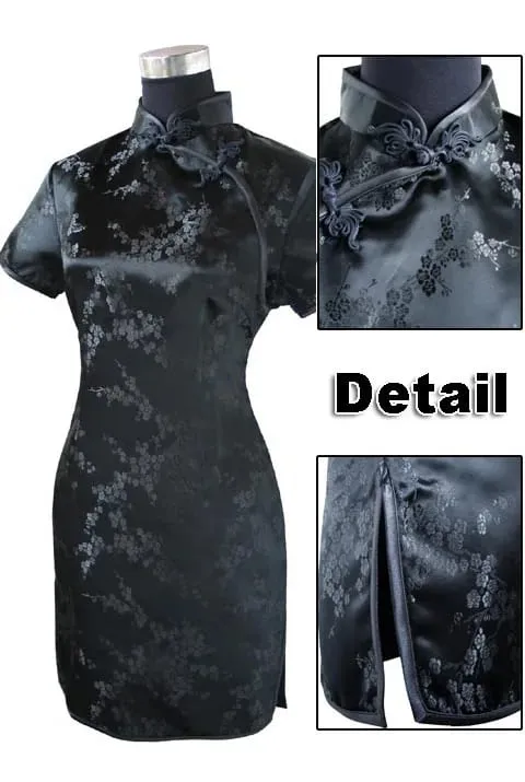 Đen Truyền Thống Phụ Nữ Trung Quốc Qipao Đầm Ngắn Gợi Cảm Sườn Xám Tay Nút Hoa Kích Thước Lớn 3XL 4XL 5XL 6XL