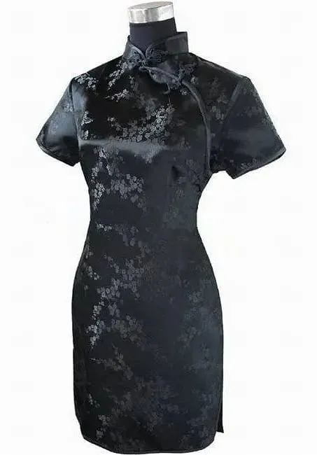 Đen Truyền Thống Phụ Nữ Trung Quốc Qipao Đầm Ngắn Gợi Cảm Sườn Xám Tay Nút Hoa Kích Thước Lớn 3XL 4XL 5XL 6XL — image 1