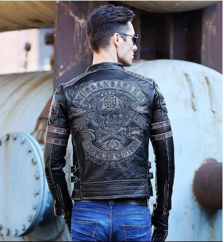 CC Shop.Brand skull cowhide coat.8XL Plus black slim genuine leather jacket,Rider leather cloth.Chaqueta de cuero esqueleto — image 1