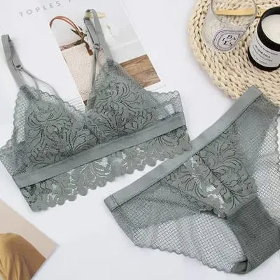 Full lace wireless cotton cup comfortable ladies underwear sets Soft-cup triangle bralette and transparent panties bra lingerie