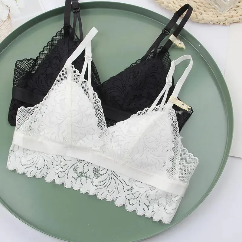 Full lace wireless cotton cup comfortable ladies underwear sets Soft-cup triangle bralette and transparent panties bra lingerie