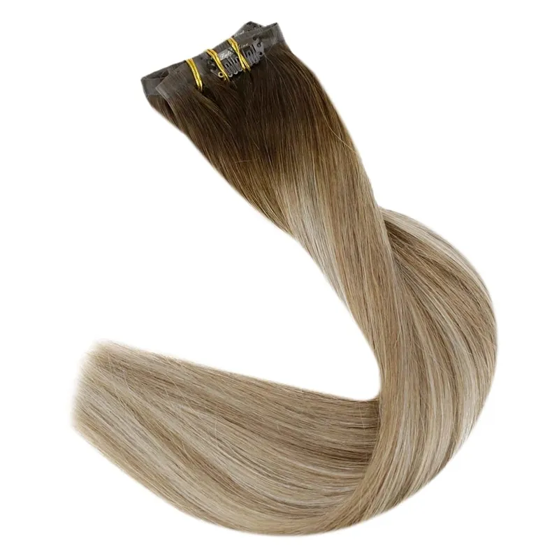 Clip invisible sin costuras Full Shine en extensiones de cabello humano 8 piezas 120 g Remy Balayage Color rubio — image 13