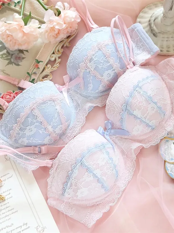 Underwear sweet and cute lace lingerie with briefs set girl heart fresh steel ring gathered thin bra set large size bralette — image 4