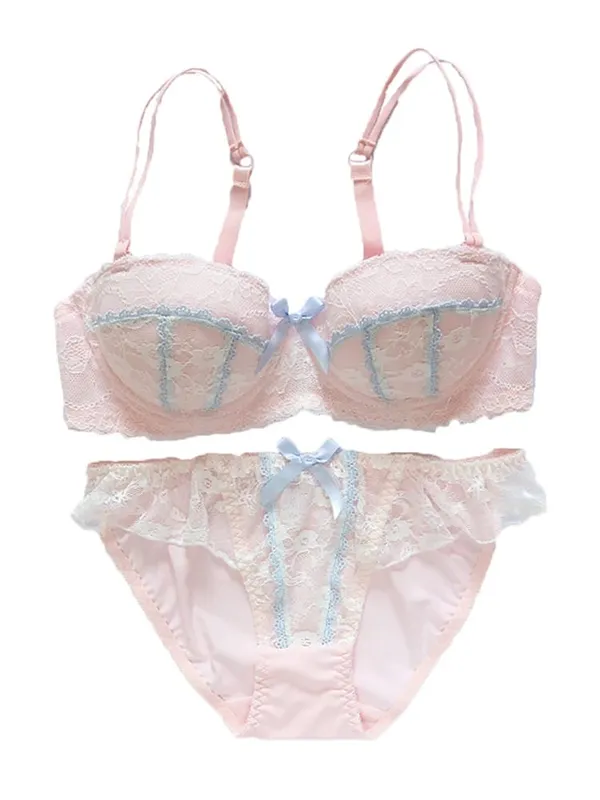 Underwear sweet and cute lace lingerie with briefs set girl heart fresh steel ring gathered thin bra set large size bralette — image 6