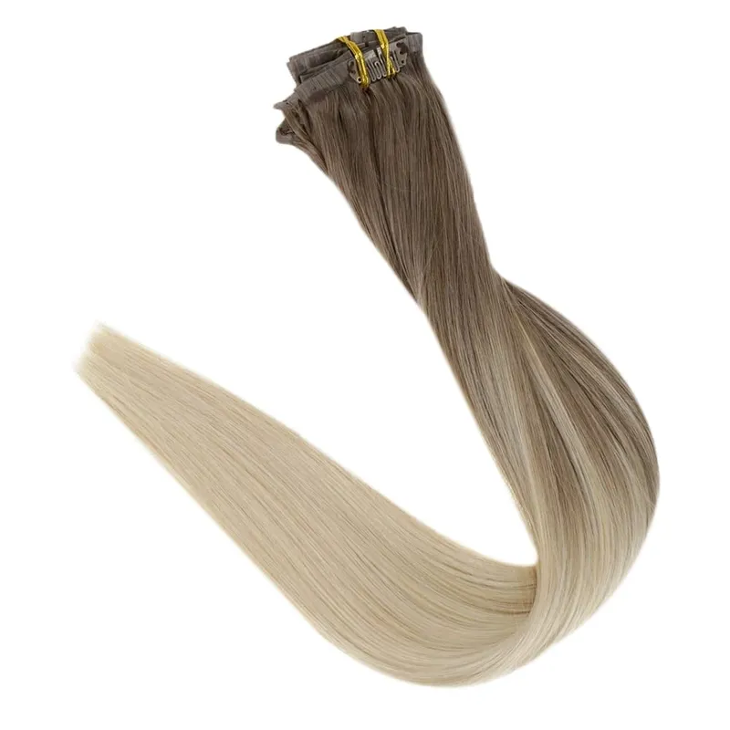 Clip invisible sin costuras Full Shine en extensiones de cabello humano 8 piezas 120 g Remy Balayage Color rubio — image 9