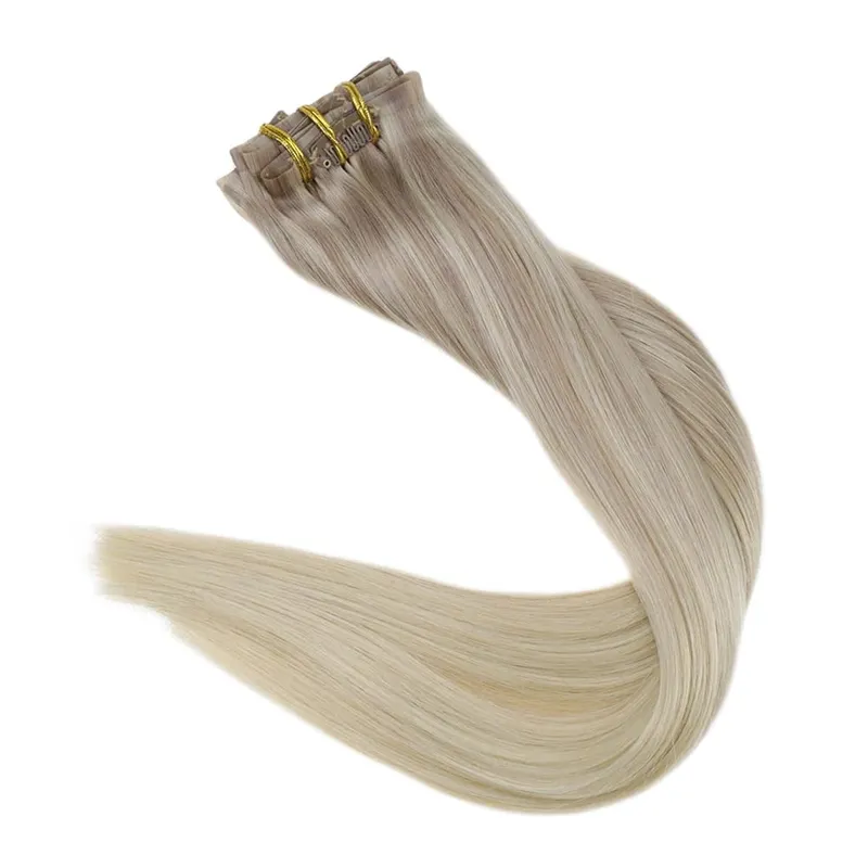 Clip invisible sin costuras Full Shine en extensiones de cabello humano 8 piezas 120 g Remy Balayage Color rubio — image 10