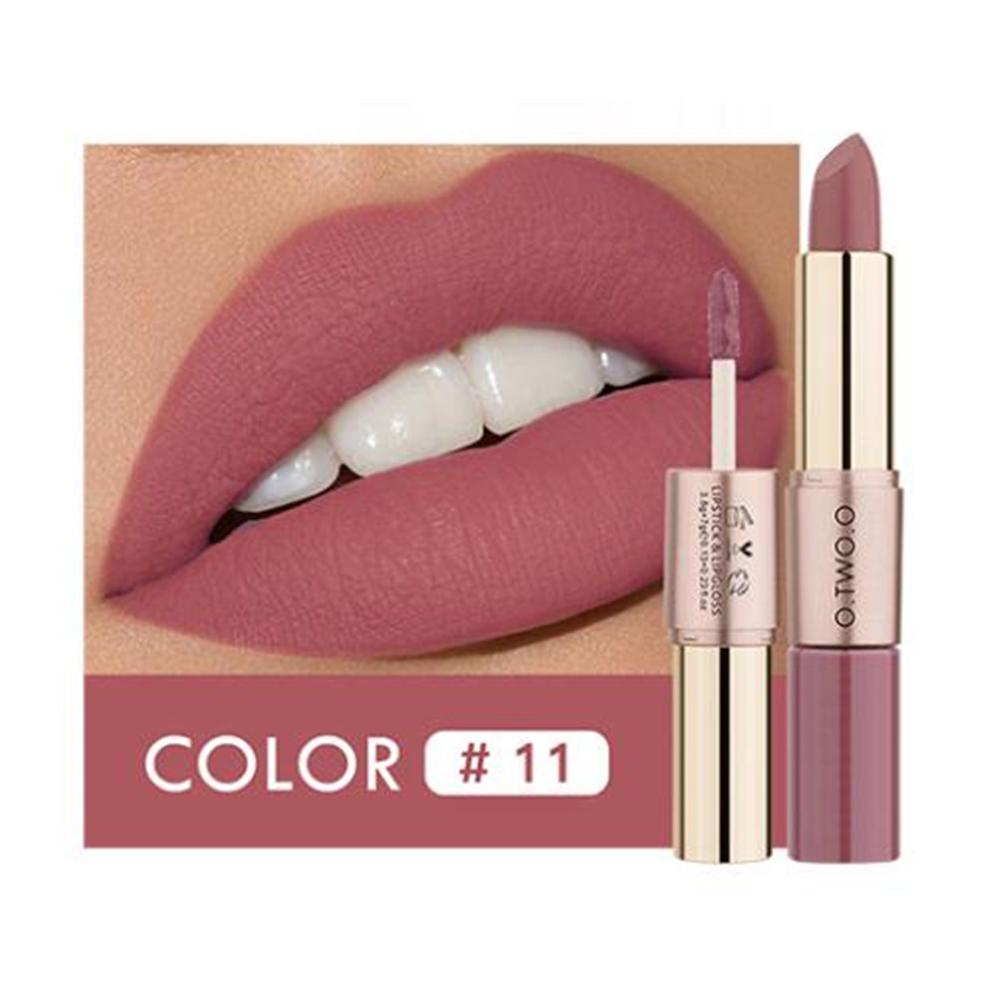 O.TWO.O 2 en 1 Lápiz labial Mate Brillo de labios Cosméticos Pintalabios impermeables Batom Mate Labios Maquillaje Colorete 12 colores Lápiz labial