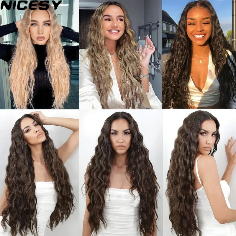 Synthetic 5 Clips Long Water Wave Clip In Hair Extensions Heat Resistant 22Inch One Piece Black Brown Hairpiece For Women